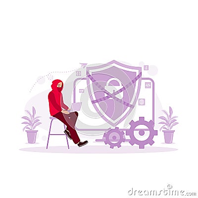 A young hacker tries to hack cyber security data using a laptop. Cyber Security concept. Vector Illustration